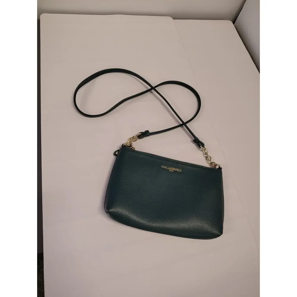 Karl Lagerfeld Paris Crossbody Bag Forest Green Gold Tone Hardware Faux Leather